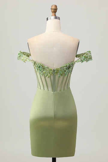 Green Off The Shoulder Corset Sequins Bodycon Cocktail Dress